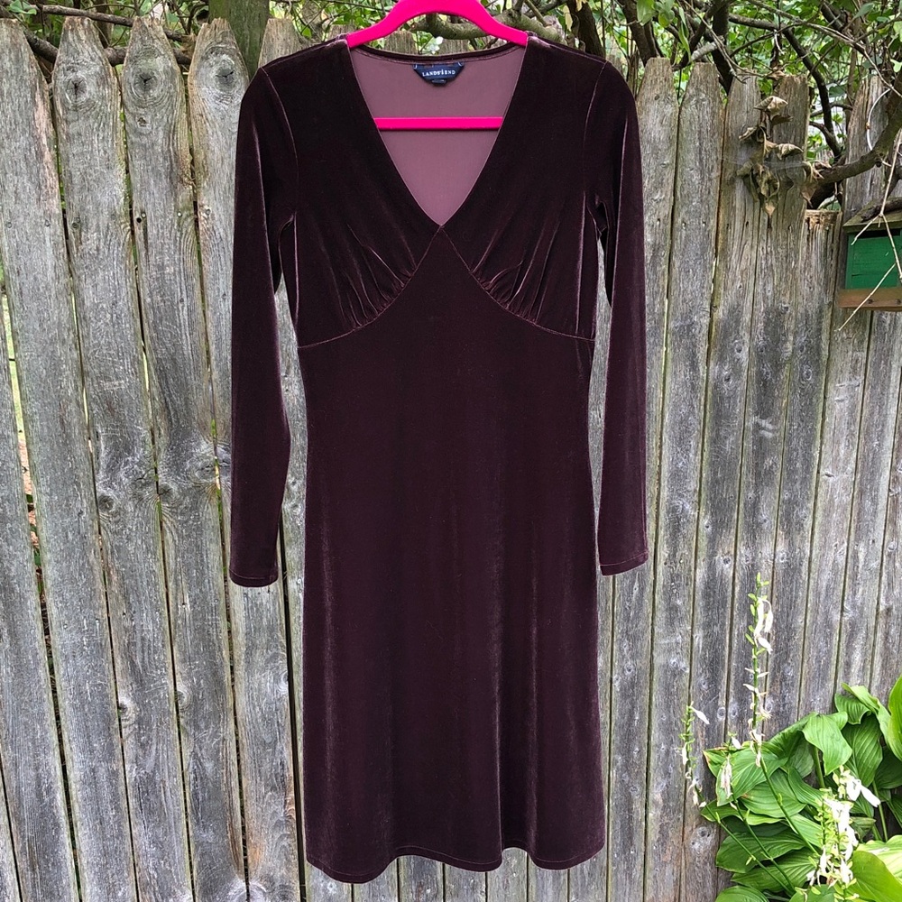 S Lands End Brown Velvet Midi Dress V Neck Long Sleeve Autumn Vibe 🍂